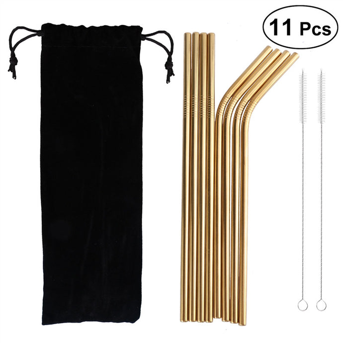 11pcs Stainless Steel Drinking Straws Reusable Curved & Straight Straws Set for Yeti 20oz(4 Golden Curved Straws, 4 Golden Straight Straws, 2 Brushes and One Black Cloth Bag)